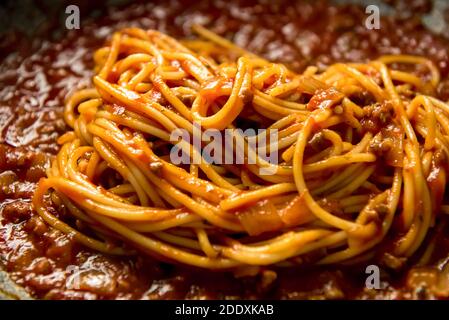 Deliziosi spaghetti italiani bolognesi fatti in casa con carne tritata nel panoramica Foto Stock