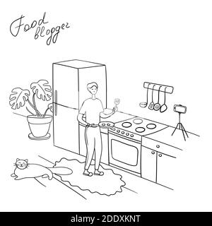 Cibo blogger. Il giovane sta registrando video. Chef sta cucinando in cucina. Il ragazzo tiene la padella in mano e si alza alla stufa. Illustrazione vettoriale cartoon. Illustrazione Vettoriale