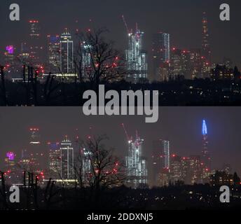 Skyline del centro di Londra di notte nel novembre 2020 con gli ultimi piani Shard non illuminati e illuminati durante Shard Lights 2020. Foto Stock