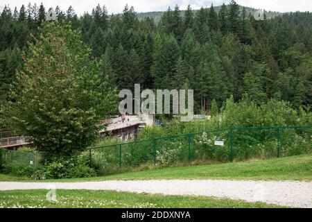 Vista della diga di Cleveland nel Parco Regionale del Fiume Capilano in Vancouver nord circondato da una foresta massiccia Foto Stock