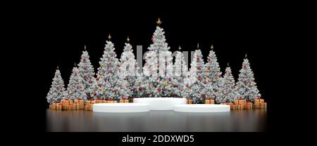 Podio davanti agli alberi di natale - banner - 3D rendering Foto Stock