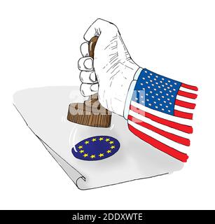 Logo dell'Unione europea con la bandiera degli Stati Uniti American Man Hand Stamping Su carta bianca | disegno grafico a disegno con struttura in caricatura Foto Stock