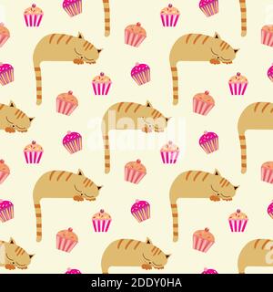 Carino gatto zenzero kawaii addormentato con cupcake. Sfondo di campitura senza giunture vettoriale. Sfondo con gattini cartoni animati arricciati, code dangling e. Illustrazione Vettoriale