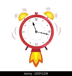 Sveglia con sveglia rossa. Concept che si avvicina rapidamente al business delle scadenze. Illustrazione vettoriale isolata su sfondo bianco in stile piatto. Illustrazione Vettoriale