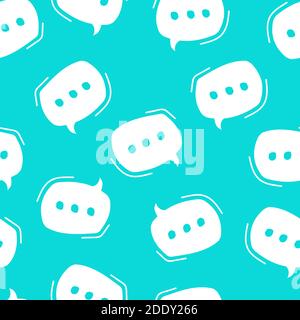 Sequenza di fumetto della chat. Pattern senza cuciture, bolle di parlato bianche su sfondo blu. Doodle tirato a mano che parla bolle. Dialogo sui social media. Illu. Vettore Illustrazione Vettoriale