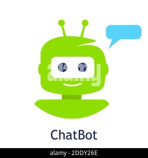 Modello del logo del robot verde o del chatbot. Icona Chat Bot per il sito Web. Illustrazione vettoriale in stile moderno piatto. Carattere cartoon isolato su bianco. Illustrazione Vettoriale