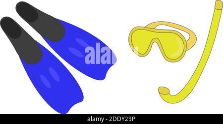 Un set di pinne e una maschera con snorkeling per immersioni. Attrezzature per immersioni. Illustrazione Vettoriale