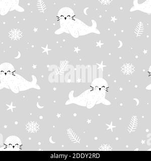 Simpatico motivo monocolore senza cuciture con sigillo bianco per bambini con elementi invernali intorno: Fiocchi di neve, ramo dell'albero di Natale e stelle. Illustrazione Vettoriale