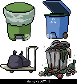 cestino di spazzatura isolato con pixel art set Illustrazione Vettoriale