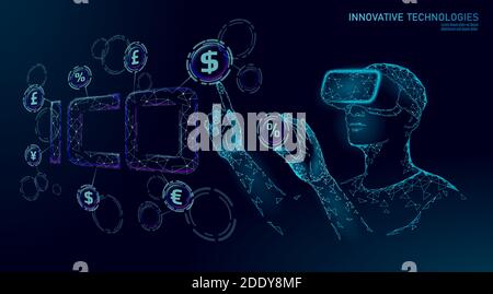 Moneta iniziale che offre il concetto di tecnologia delle lettere ICO. Business Finance economy basso design stile poly. Crypto banking valuta offerta online. Internet Illustrazione Vettoriale