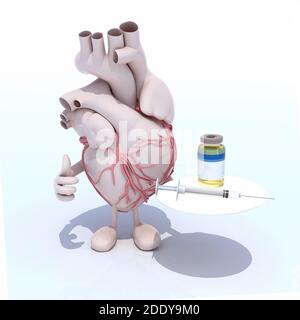 cartone animato cuore umano con flacone di vaccino e siringa, illustrazione 3d Foto Stock