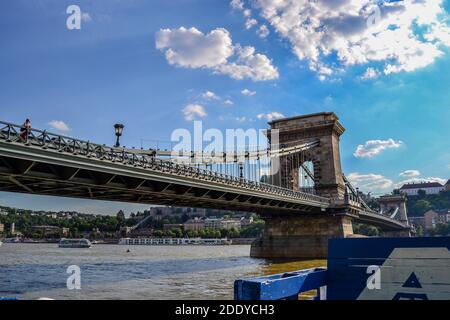 BUDAPEST, UNGHERIA, 21.06.2012. Liberty Bridge durante il tramonto di una giornata di sole con il cielo blu. Foto Stock