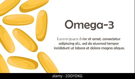 Modello con spazio per il testo con capsule di olio di pesce. Additivo biologicamente attivo. Omega-3 Illustrazione Vettoriale