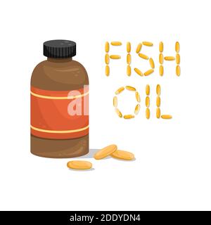 Una bottiglia di capsule di olio di pesce. Additivo biologicamente attivo. Omega-3 Illustrazione Vettoriale