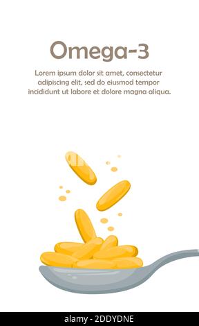 Modello con spazio per il testo con capsule di olio di pesce. Additivo biologicamente attivo. Omega-3 Illustrazione Vettoriale