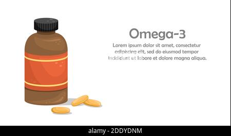 Una bottiglia di capsule di olio di pesce. Additivo biologicamente attivo. Omega-3 Illustrazione Vettoriale