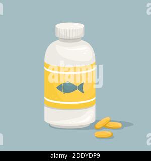Una bottiglia di capsule di olio di pesce. Additivo biologicamente attivo. Omega-3 Illustrazione Vettoriale