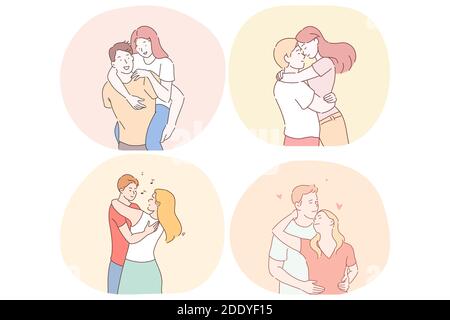 Romanticismo, amore, datazione, relazione, concetto di togetherness. Felici coppie giovani amorevoli che datano, abbracciano, amando e godendo del tempo insieme durante meetin Illustrazione Vettoriale