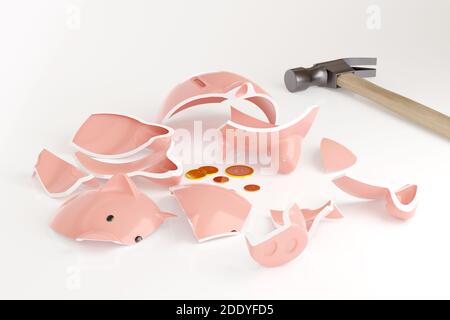 Banca piggy rotta con alcune monete accanto ad un martello isolato su sfondo bianco. Concetto di crisi. illustrazione 3d. Foto Stock