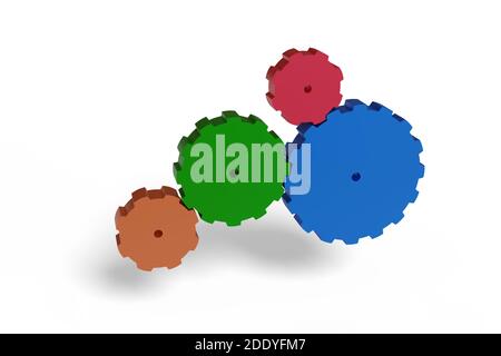 Quattro ingranaggi di colore rosso, arancione, verde e blu isolati su sfondo bianco. Concetto di team di lavoro. illustrazione 3d. Foto Stock