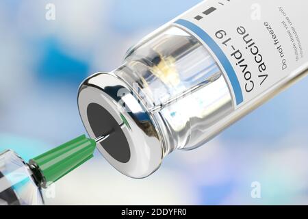 Covid -19 flaconcino di vaccino e siringa per iniezione su sfondo blu. illustrazione 3d. Foto Stock