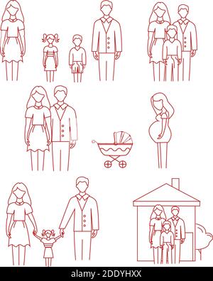 icone vettoriali con famiglia, donna incinta e passeggino su sfondo bianco Illustrazione Vettoriale