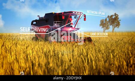 mietitrebbiatrice automatizzata che lavora sul campo agricolo - industriale Illustrazione 3D con sovrapposizioni digitali Foto Stock