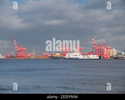 Sul fiume Mersey, il traghetto Stena passa davanti alle gru di movimentazione container del porto di Liverpool, in direzione di Belfast nell'Irlanda del Nord. Foto Stock