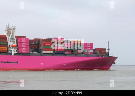 il naso di una grande nave da carico rosa piena di contenitori closeup nel mare di westerschelde in zelanda, paesi bassi Foto Stock