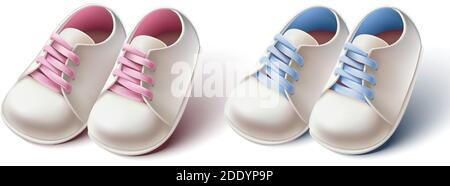 collezione 3d realistica di scarpe da bambina e da ragazzo. Elemento di disegno per inviti dell'acquazzone del bambino, scheda di compleanno o cerimonia del battesimo. Illustrazione Vettoriale