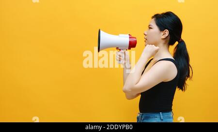 Sconto su cemento. Giovani donne asiatiche che gridano nel megafono. Spazio di copia. Foto di alta qualità Foto Stock