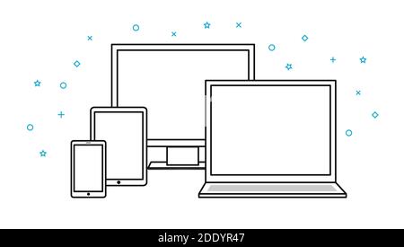 Icone vettoriali dispositivi elettronici. Smartphone, tablet, laptop e computer desktop. Bianco e nero in stile contorno, sottile. Illustrazione Vettoriale