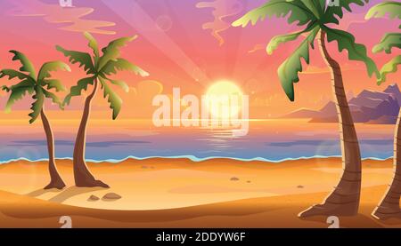 Vettore cartoon illustrazione del paesaggio oceanico al tramonto o all'alba con bel cielo rosa e il sole riflessione sull'acqua. Bella natura con p. Illustrazione Vettoriale
