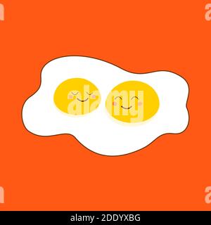 Omelette due yolk con cute sorridente Happy Cartoon volti, stile piatto, isolato su arancione. Illustrazione Vettoriale