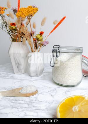 Detergente per bucato fatto in casa senza plastica da tutti i prodotti naturali come come limone e sodio per uno stile di vita ecocompatibile Foto Stock