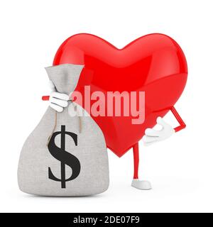 Mascot cuore rosso e legato rustico tela sacco di denaro o borsa di denaro con Dollar Sign su sfondo bianco. Rendering 3d Foto Stock