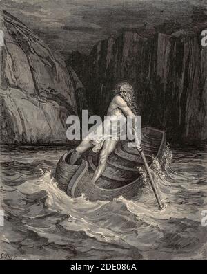 Dante Divina Commedia - Inferno - Charon, ferrimano dei dannati sul fiume Acheron - illustrazione di Gustave Dorè Foto Stock