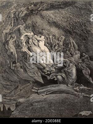 Dante Divina Commedia - Inferno - Paolo Malatesta e Francesca Da Rimini - amore oltre la morte - canto V - Cerchio della lussuria - illustrazione di Gustave Dorè Foto Stock