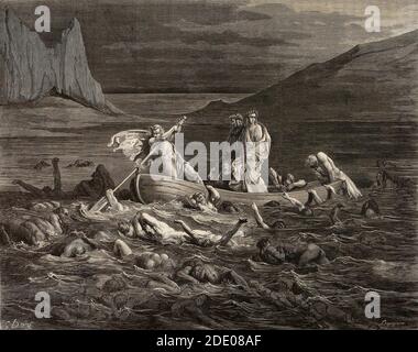 Dante Divina Commedia - Inferno - quinto cerchio - Flegyas FERRIES Dante e Virgilio attraverso la Stix, tra le dighe della palude - canto VIII - illustrazione di Gustave Dorè Foto Stock