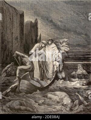Dante Divina Commedia - Inferno - quinto cerchio - Virgilio Insegue Filippo Argenti che cerca di aggrapparsi alla Barca- canto VIII - illustrazione di Gustave Dorè Foto Stock
