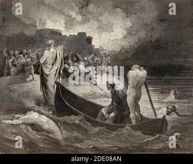 Dante Divina Commedia - Inferno - quinto cerchio - sbarco Di fronte alle mura della città di Dis - canto VIII - illustrazione di Gustave Dorè Foto Stock