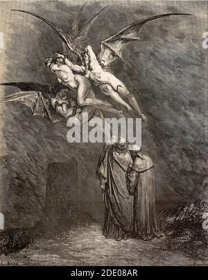 Dante Divina Commedia - Inferno - VI cerchio - Dante E Virgilio incontra l'illustrazione di Erinyes-canto IX di Gustave Dorè Foto Stock