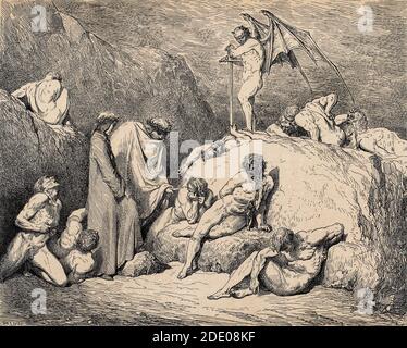 Dante Divina Commedia - Inferno - XXVIII canto - Virgilio E Dante incontrano Pier da Medicina- VIII Circolo - illustrazione Di Gustave Dorè Foto Stock