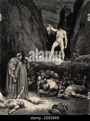 Dante Divina Commedia - Inferno - XXVIII canto - Virgilio E Dante incontrano Bertram dal Bornio- VIII cerchio - illustrazione Di Gustave Dorè Foto Stock