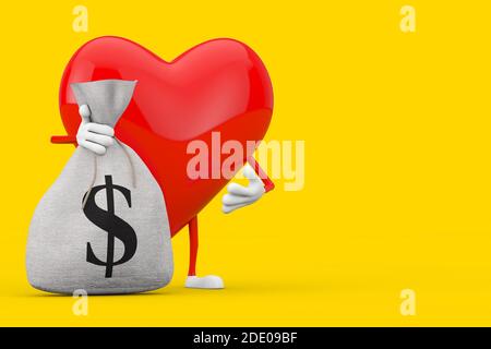 Mascot cuore rosso e legato rustico tela sacco di denaro o borsa di denaro con Dollar Sign su sfondo giallo. Rendering 3d Foto Stock