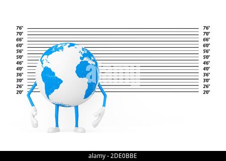 Terra Globe personaggio Mascot di fronte alla polizia Lineup o Mugshot sfondo closeup estremo. Rendering 3d Foto Stock