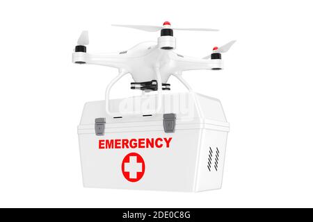 Drone Quadrocopter bianco con kit medico di emergenza su sfondo bianco. Rendering 3d Foto Stock