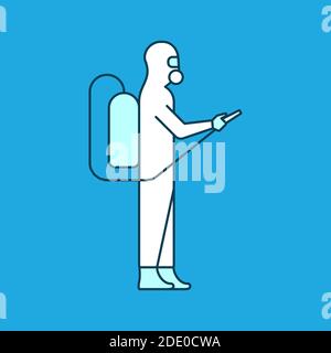 Uomo in tuta protettiva bianca durante l'epidemia. Operatore che indossa i DPI che esegue la disinfezione. Pulizia disinfettante della contaminazione da coronavirus. Vettore Illustrazione Vettoriale