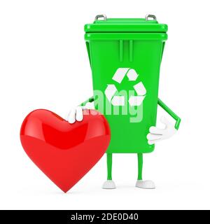 Riciclare segno Green Garbage Cestino Mascot personaggio con cuore rosso su sfondo bianco. Rendering 3d Foto Stock