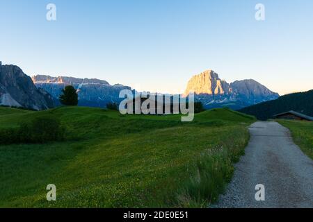 Paesaggio montano dolomitico all'alba dalla vetta del Seceda, Italia. Foto Stock